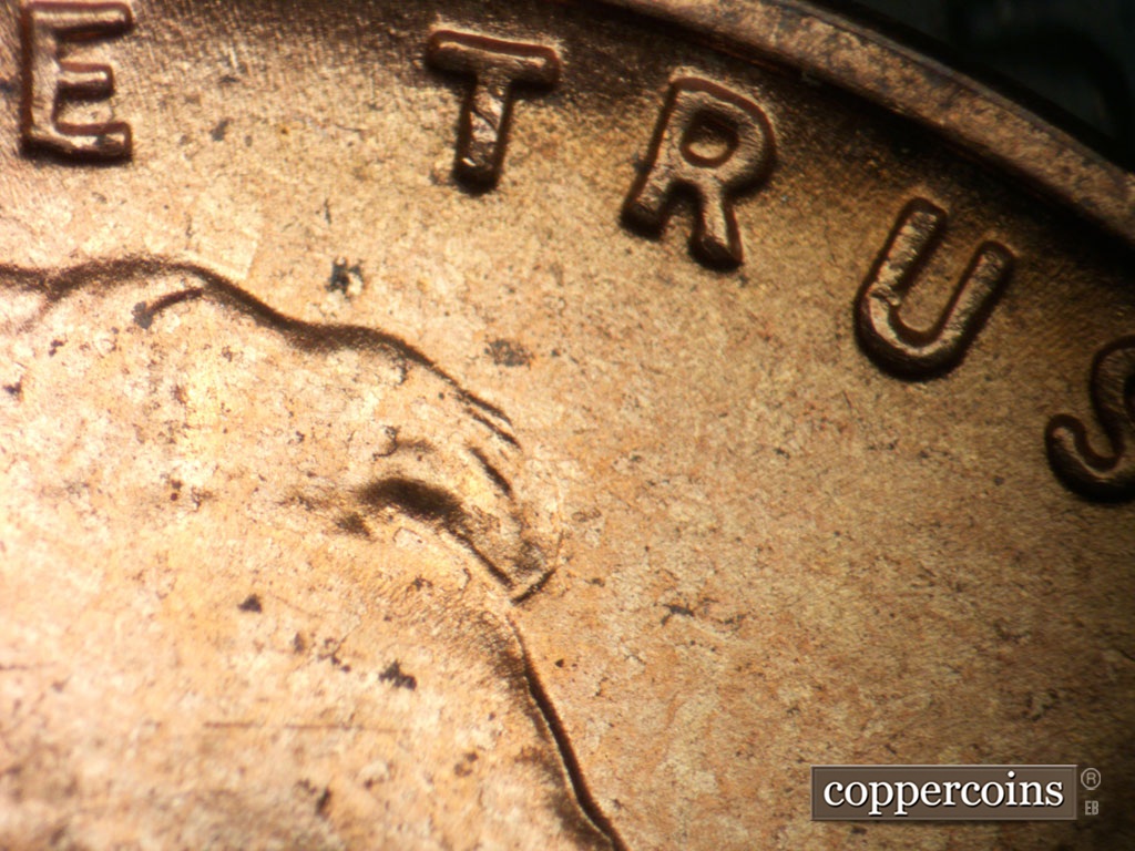 Die-stage B marker on 1953D•1DO•009 showing Closeup of TRUST.