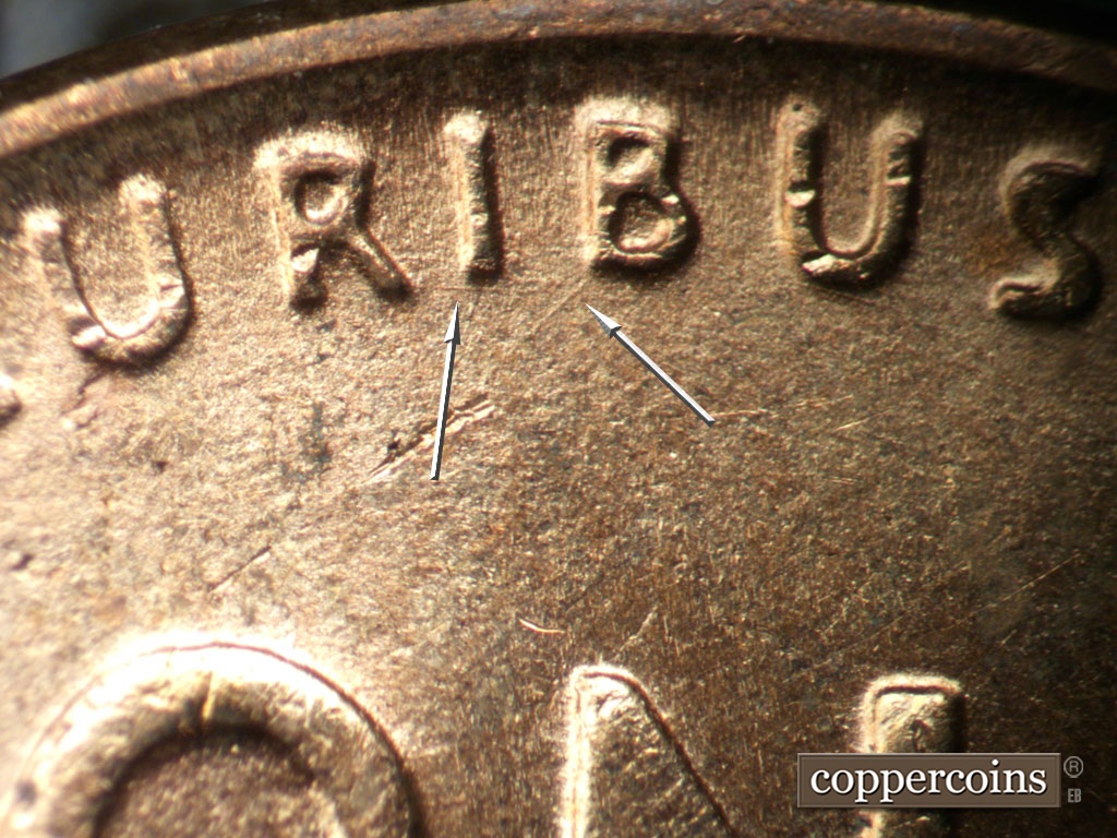 Die-stage B marker on 1953D•1DO•009 showing SW die scrratch from B in PLURIBUS.