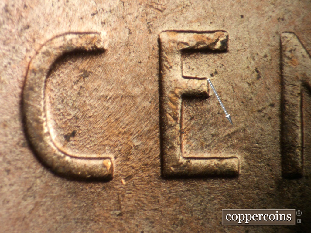 Die-stage B marker on 1953D•1DO•009 showing Worn NE die scratch in lower E of CENT. Worn E/W die scratch between CE of CENT.