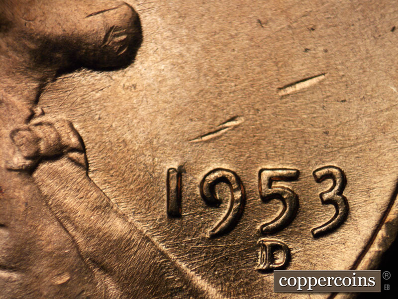 Die-stage B marker on 1953D•1MM•001 (1953 Repunched Mint Mark).