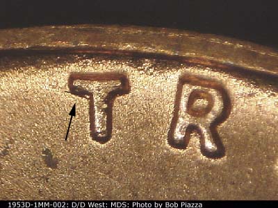 Die-stage B marker on 1953D•1MM•002 (1953 Repunched Mint Mark).