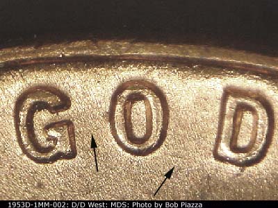 Die-stage B marker on 1953D•1MM•002 (1953 Repunched Mint Mark).