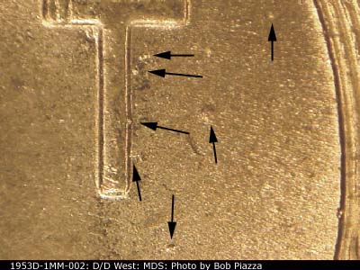 Die-stage B marker on 1953D•1MM•002 (1953 Repunched Mint Mark).