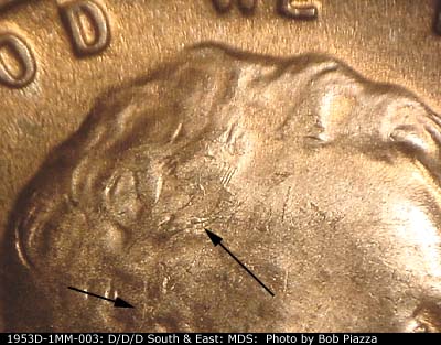 Die-stage B marker on 1953D•1MM•003 (1953 Repunched Mint Mark).