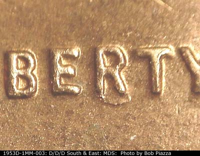 Die-stage B marker on 1953D•1MM•003 (1953 Repunched Mint Mark).