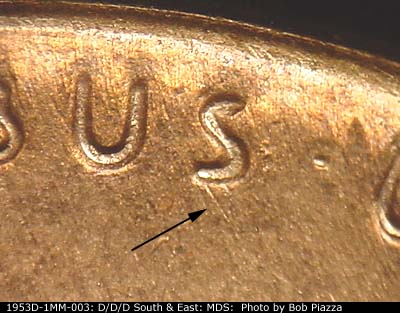 Die-stage B marker on 1953D•1MM•003 (1953 Repunched Mint Mark).