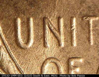 Die-stage B marker on 1953D•1MM•003 (1953 Repunched Mint Mark).