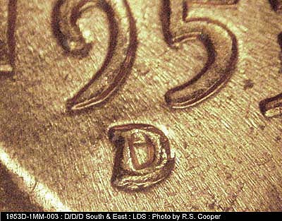 Die-stage C marker on 1953D•1MM•003 (1953 Repunched Mint Mark).