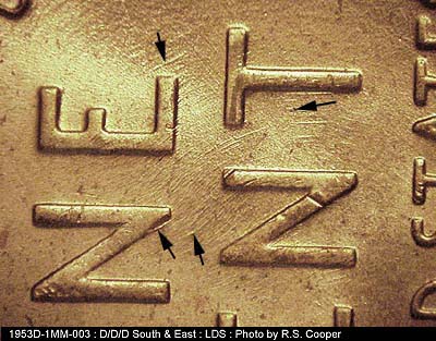 Die-stage C marker on 1953D•1MM•003 (1953 Repunched Mint Mark).