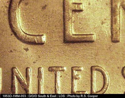Die-stage C marker on 1953D•1MM•003 (1953 Repunched Mint Mark).