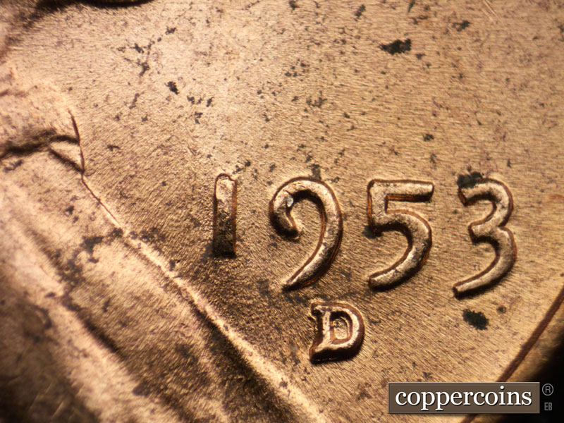 Die-stage B marker on 1953D•1MM•004 (1953 Repunched Mint Mark).
