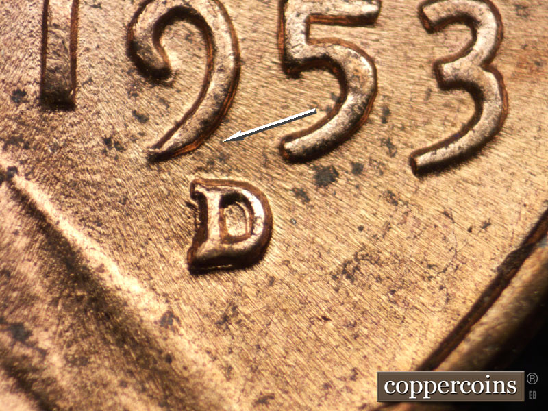 Die-stage C marker on 1953D•1MM•004 (1953 Repunched Mint Mark).
