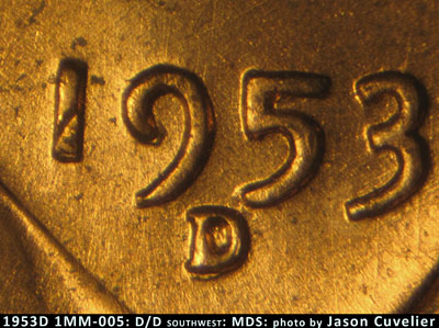Die-stage B marker on 1953D•1MM•005 (1953 Repunched Mint Mark).