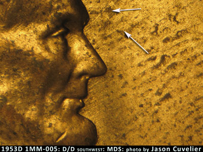 Die-stage B marker on 1953D•1MM•005 (1953 Repunched Mint Mark).