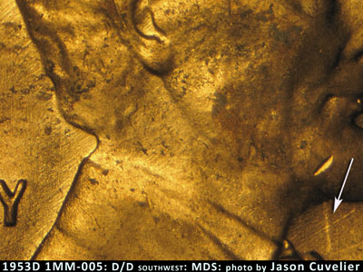 Die-stage B marker on 1953D•1MM•005 (1953 Repunched Mint Mark).