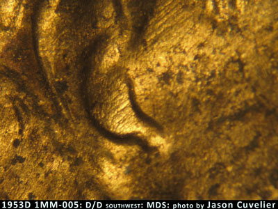 Die-stage B marker on 1953D•1MM•005 (1953 Repunched Mint Mark).