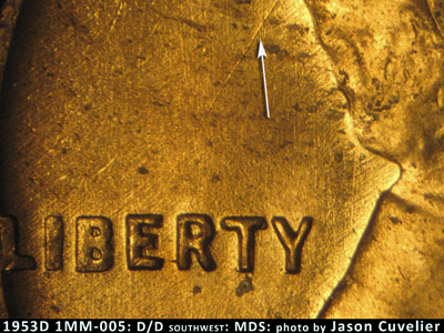 Die-stage B marker on 1953D•1MM•005 (1953 Repunched Mint Mark).