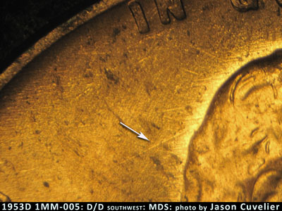 Die-stage B marker on 1953D•1MM•005 (1953 Repunched Mint Mark).