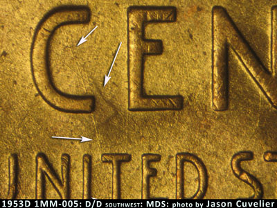Die-stage B marker on 1953D•1MM•005 (1953 Repunched Mint Mark).