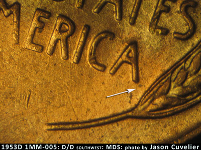 Die-stage B marker on 1953D•1MM•005 (1953 Repunched Mint Mark).