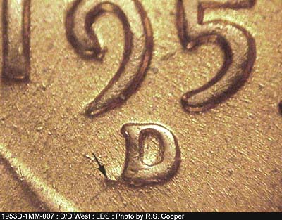 Die-stage C marker on 1953D•1MM•007 (1953 Repunched Mint Mark).