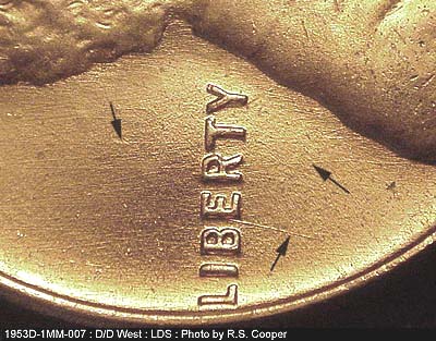 Die-stage C marker on 1953D•1MM•007 (1953 Repunched Mint Mark).
