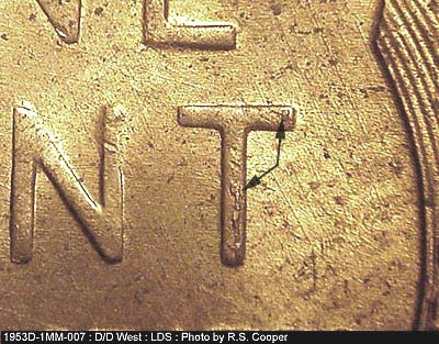 Die-stage C marker on 1953D•1MM•007 (1953 Repunched Mint Mark).