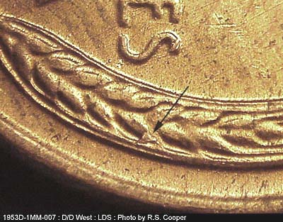 Die-stage C marker on 1953D•1MM•007 (1953 Repunched Mint Mark).