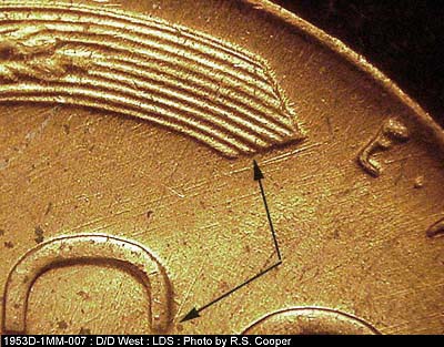 Die-stage C marker on 1953D•1MM•007 (1953 Repunched Mint Mark).