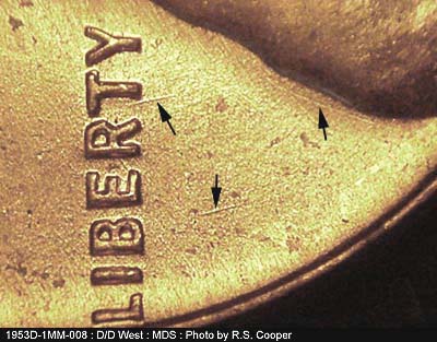 Die-stage B marker on 1953D•1MM•008 (1953 Repunched Mint Mark).