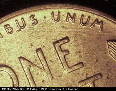 Die-stage B marker on 1953D•1MM•008 (1953 Repunched Mint Mark).