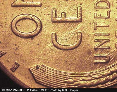 Die-stage B marker on 1953D•1MM•008 (1953 Repunched Mint Mark).