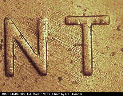 Die-stage B marker on 1953D•1MM•008 (1953 Repunched Mint Mark).
