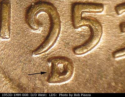 Die-stage C marker on 1953D•1MM•008 (1953 Repunched Mint Mark).