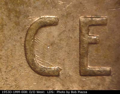 Die-stage C marker on 1953D•1MM•008 (1953 Repunched Mint Mark).