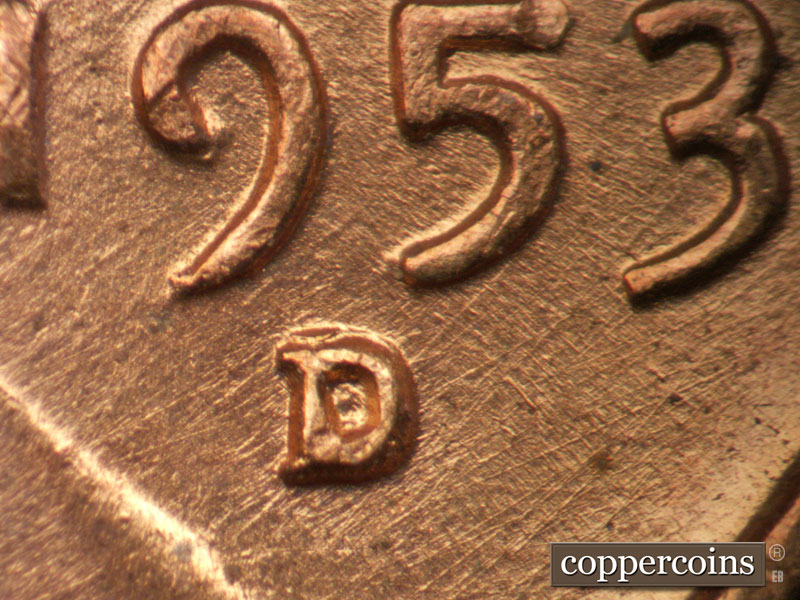 1953 Lincoln cent obverse, CopperCoins die 1953D•1MM•011.