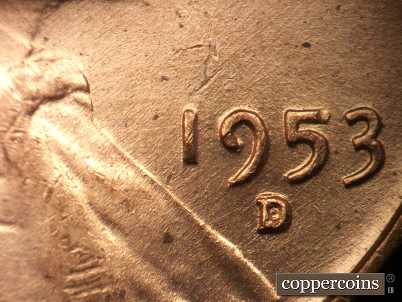 Die-stage B marker on 1953D•1MM•011 (1953 Repunched Mint Mark).