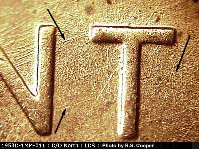 Die-stage C marker on 1953D•1MM•011 (1953 Repunched Mint Mark).