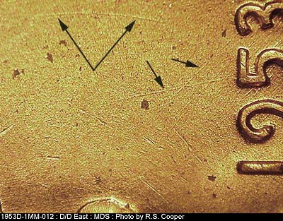 Die-stage B marker on 1953D•1MM•012 (1953 Repunched Mint Mark).