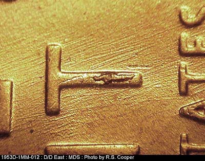 Die-stage B marker on 1953D•1MM•012 (1953 Repunched Mint Mark).