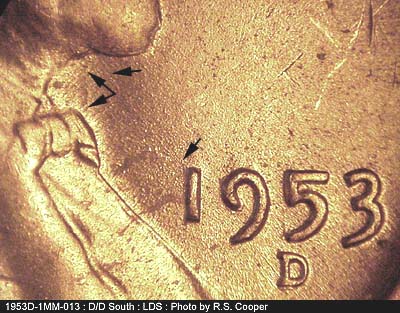 Die-stage C marker on 1953D•1MM•013 (1953 Repunched Mint Mark).