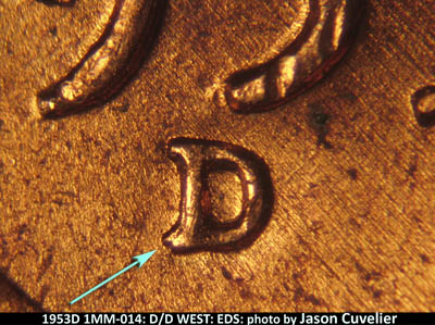 Die-stage A marker on 1953D•1MM•014 (1953 Repunched Mint Mark).