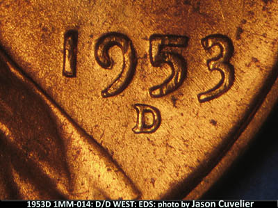 Die-stage A marker on 1953D•1MM•014 (1953 Repunched Mint Mark).