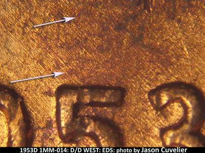 Die-stage A marker on 1953D•1MM•014 (1953 Repunched Mint Mark).