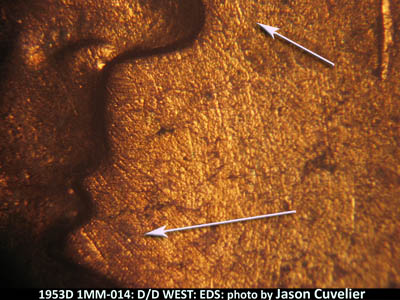 Die-stage A marker on 1953D•1MM•014 (1953 Repunched Mint Mark).