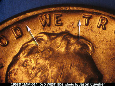 Die-stage A marker on 1953D•1MM•014 (1953 Repunched Mint Mark).