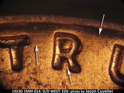 Die-stage A marker on 1953D•1MM•014 (1953 Repunched Mint Mark).