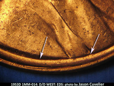 Die-stage A marker on 1953D•1MM•014 (1953 Repunched Mint Mark).