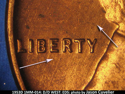 Die-stage A marker on 1953D•1MM•014 (1953 Repunched Mint Mark).