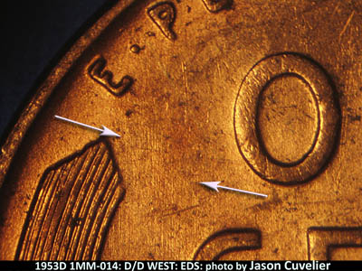 Die-stage A marker on 1953D•1MM•014 (1953 Repunched Mint Mark).